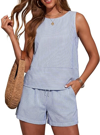 LOMON Women's Trendy 2 Piece Outfits Shorts Sets Summer Crew Neck Sleeveless Tank Top and Bottom ... | Amazon (US)