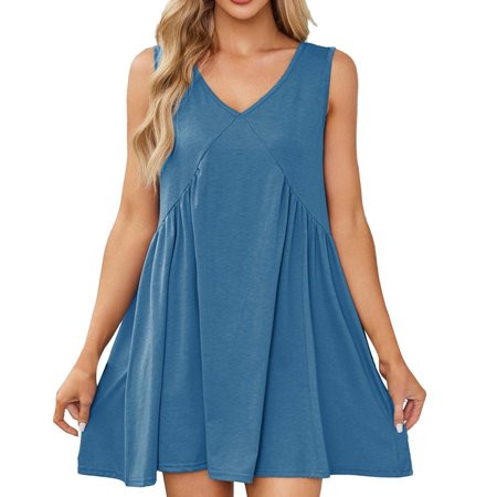 Clearance! Womens Summer Sleeveless Mini Dress Casual Loose V Neck Sundress With Pockets | Walmart (US)