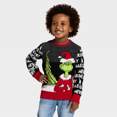 Toddler Boys' The Grinch Santa Hat Christmas Sweater - Black 12M | Target