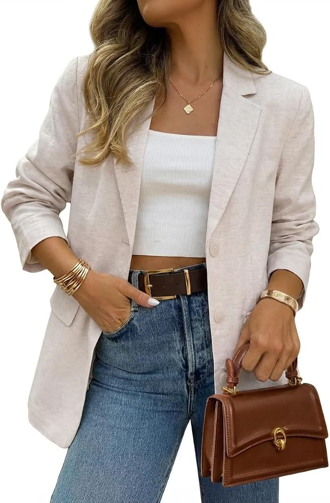 IDEALSANXUN Womens Long Sleeve Linen Blazer Casual Spring Summer Lightweight Jackets | Amazon (US)