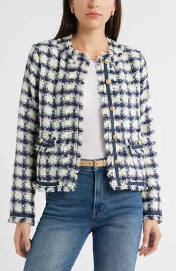 Caslon® Check Tweed Jacket in Ivory- Navy Tweed Grid at Nordstrom Rack, Size Large | Nordstrom Rack