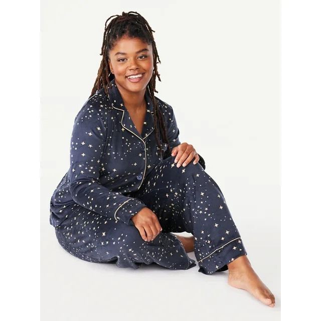 Joyspun Women’s Stretch Velour Notch Collar Top with Pants, 2-Piece Pajama Set, Sizes S to 3X | Walmart (US)