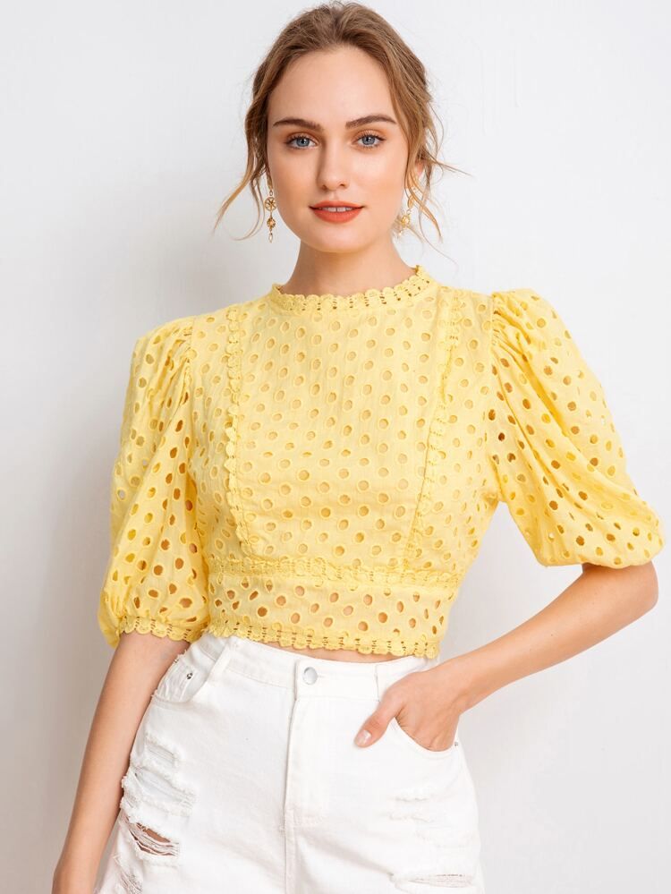 SHEIN Guipure Lace Trim Puff Sleeve Schiffy Crop Top | SHEIN