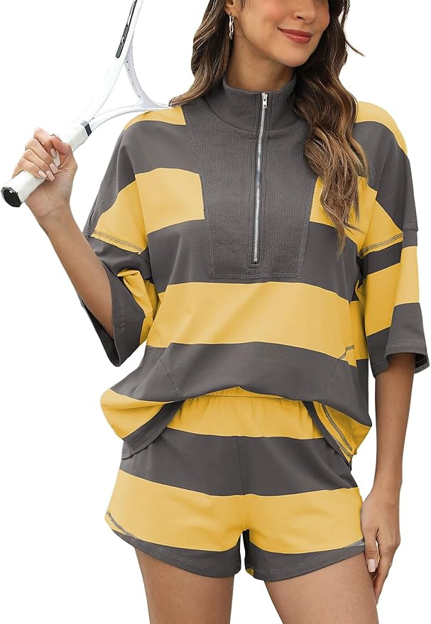 Women's Striped 2 Piece Outfits Oversized Lounge Set Summer Workout Sets Top and Shorts with Pock... | Amazon (US)