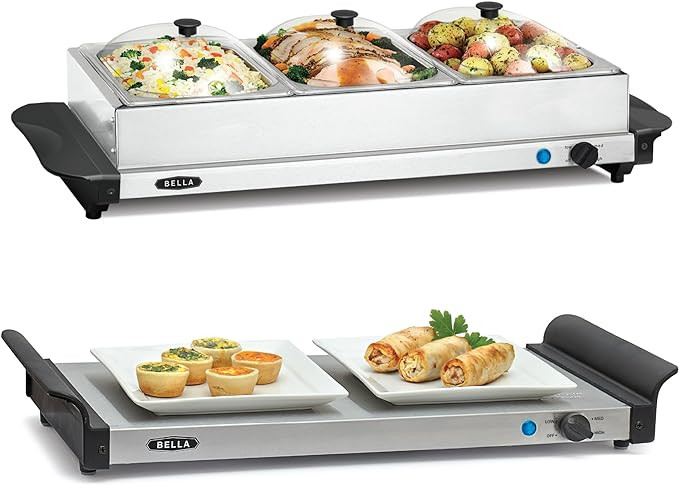 BELLA 3 x 1.5 Quart Triple Electric Buffet Server, Food Warming Tray & Slow Cooker - Brushed Stai... | Amazon (US)