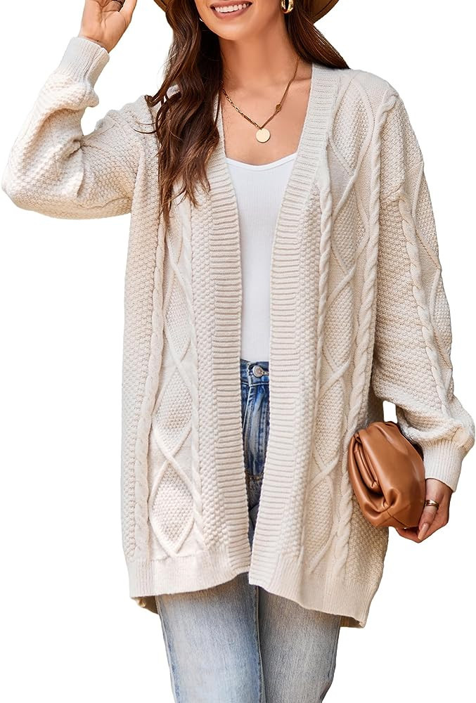 Women’s 2023 Fall Long Sleeve Chunky Oversized Cardigan Casual Cable Knit Open Front Hip Length... | Amazon (US)