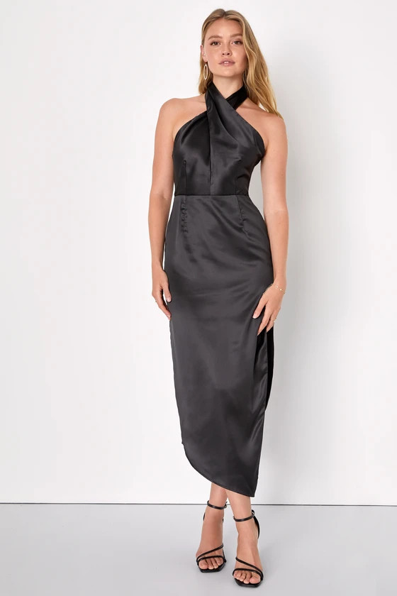 Glamorous Desires Black Satin Sleeveless Halter Midi Dress | Lulus