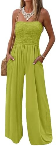 AUXDIO Womens Casual Strapless Summer Jumpsuits Loose Off Shoulder Smocked Sleeveless Wide Leg Ro... | Amazon (US)