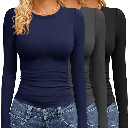 GAYHAY 3 Pack Long Sleeve Shirts for Women Basic Tops Crew Neck Fitted Tight Workout Tees Y2K Clothes Going Out Fashion 2025 Black Grey Navy | Amazon (US)