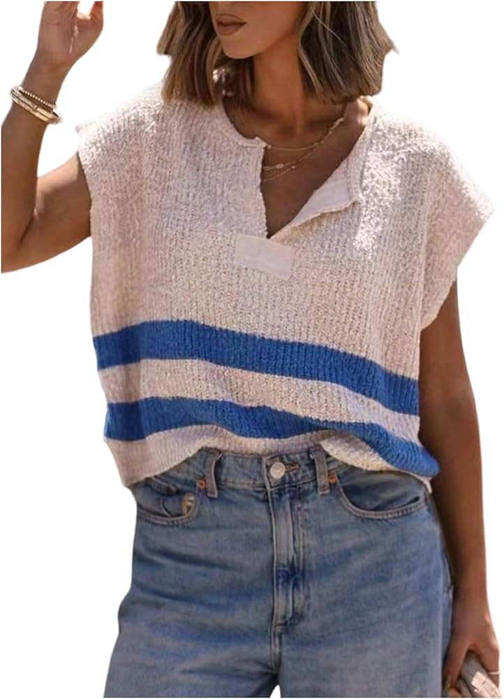WDIRARA Women's Striped Sweater Vest V Neck Sleeveless Side Slit Knit Top | Amazon (US)