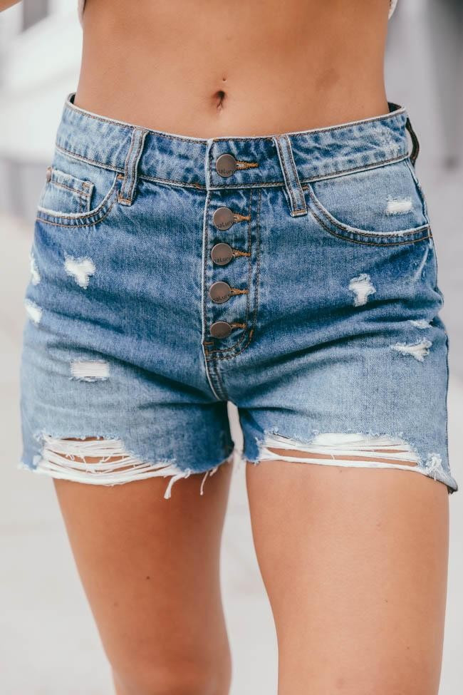 Returning Home Distressed Button Front Medium Wash Shorts | The Pink Lily Boutique