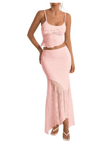 GORGLITTER Women's Two Piece Maxi Skirt Sets Summer Outfits Going Out Lace Asymmetrical Long Skirt and Crop Top Set Solid Pink X-Large | Amazon (US)