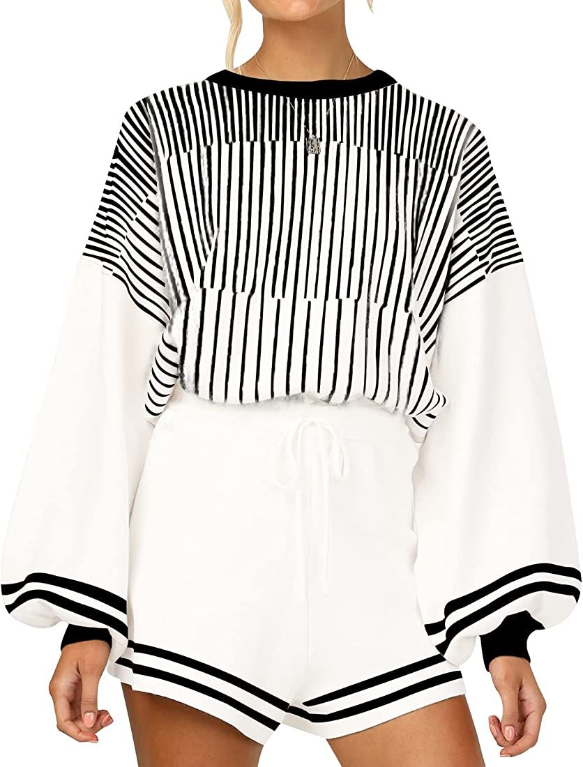 Yimoon Women' s Striped 2 Piece Knit Outfits Long Lantern Sleeve Pullover Sweater Shorts Set | Amazon (US)