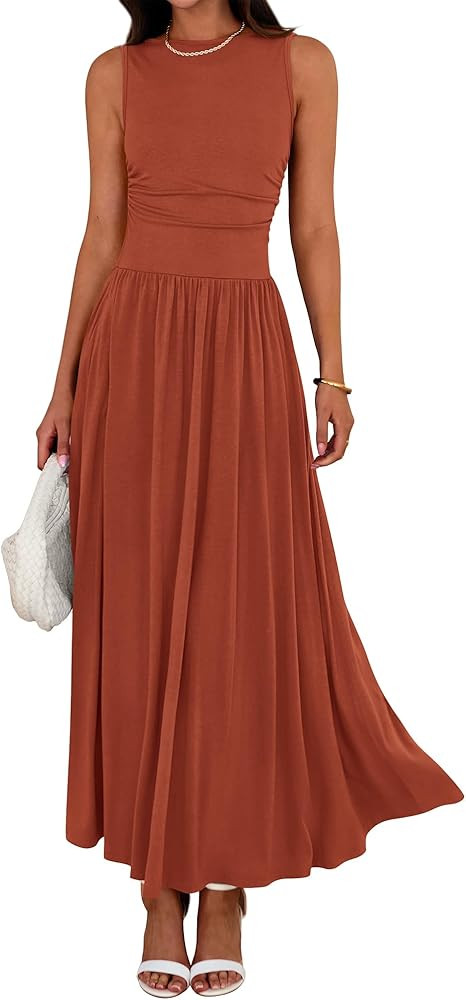 BTFBM Summer Maxi Dresses for Women 2025 Sleeveless Casual Ruched High Waisted Tank Long Sundress... | Amazon (US)