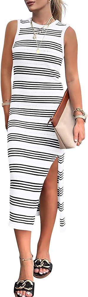 BTFBM Women's Sleeveless Summer Dresses 2024 Crew Neck Casual Sundress Hollow Out Side Slit Bodyc... | Amazon (US)