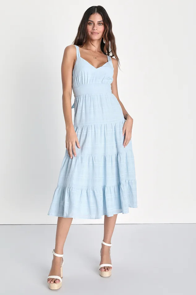 Freest Feelings Light Blue Plaid Tiered Tie-Back Midi Dress | Lulus