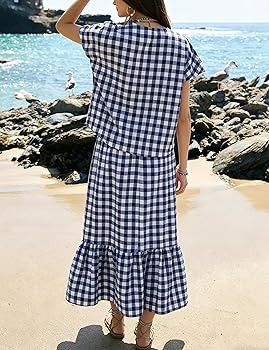 Womens Two Piece Skirt Set Gingham Plaid Short Sleeve Loose Top and Tiered Midi Skirt Casual Summ... | Amazon (US)