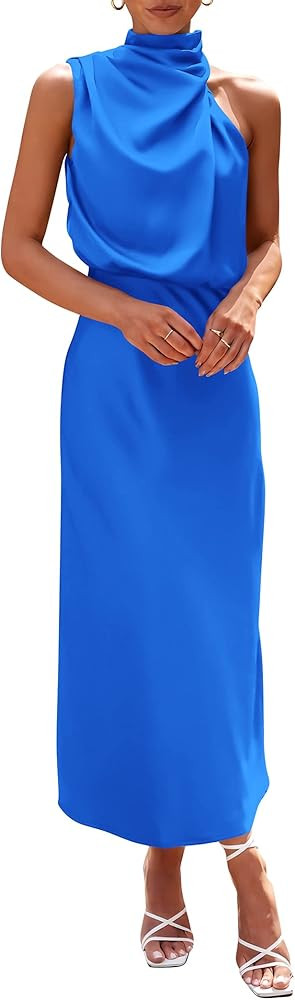 PRETTYGARDEN Women's 2025 Summer Satin Dress Elegant Sleeveless Mock Neck Cocktail Party Maxi Dre... | Amazon (US)