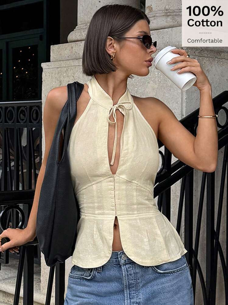 Siren Gaze Summer 100% Cotton Women's Tie Collar Fitted Hollow-Out Halter Neck Tank Top, Slit Fro... | SHEIN