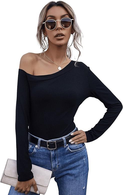 MakeMeChic Women's Solid One Shoulder Asymmetrical Neck Ribbed Fitted Long Sleeve Tee Shirt Tops | Amazon (US)