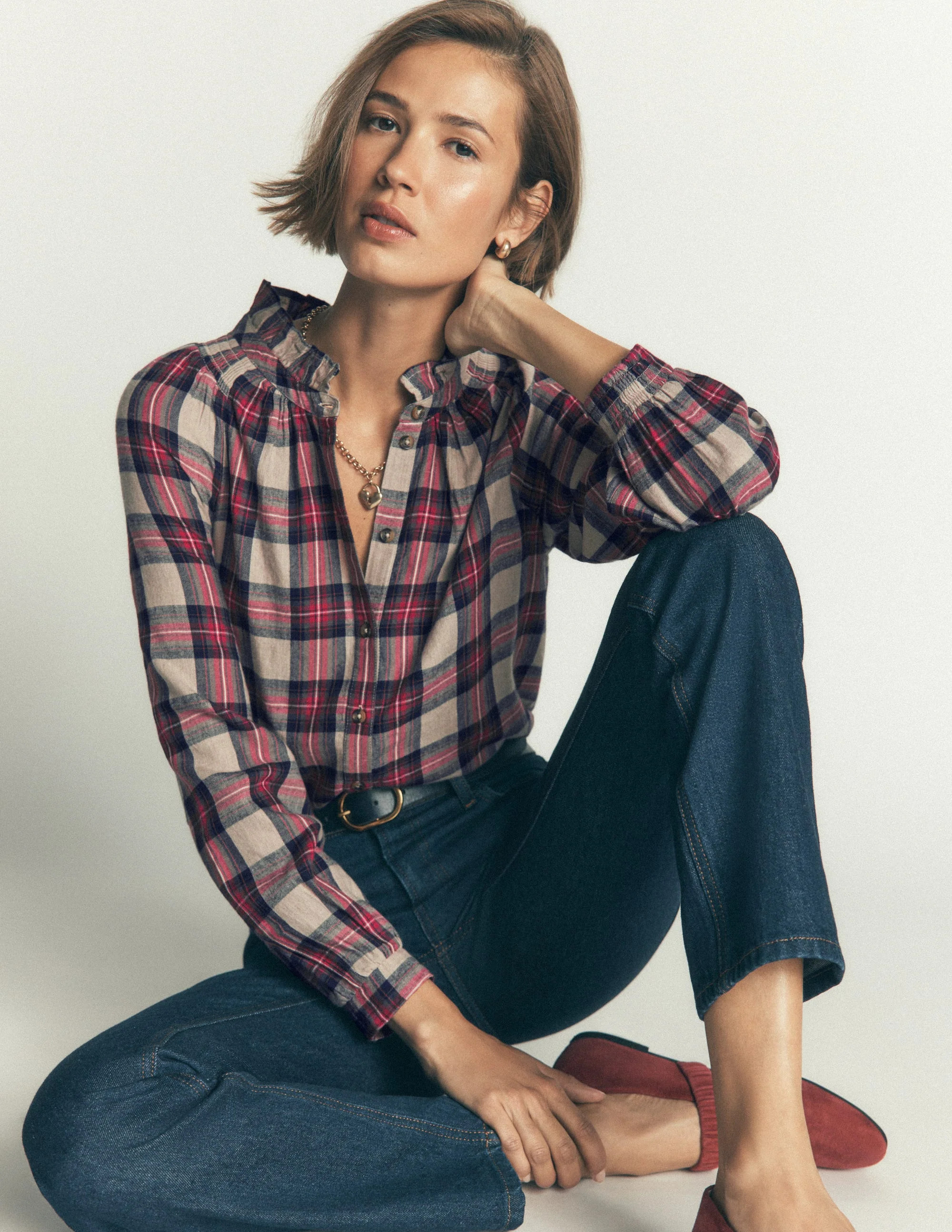 Erica Frill Check Top-Oatmeal, Navy and Red Check | Boden UK