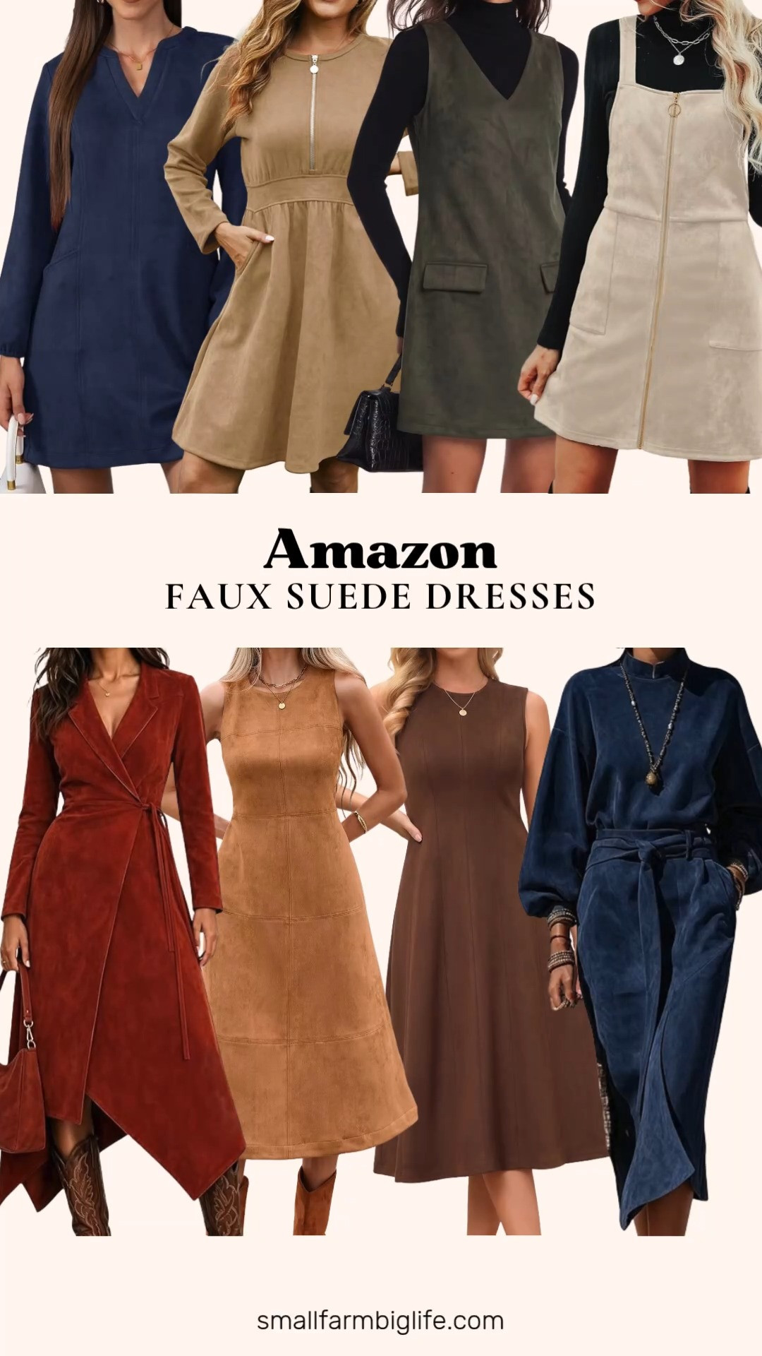 Faux suede dresses are one of my favorite fall trends and I have rounded up all my favorites from Amazon for you.

The navy blue Jayscreate Pocket Long Sleeve Suede Mini Dress has such a high end feel with its elegant A line shape and v neck, and I love the dark olive green EZAPINE V Neck Pinafore Mini Dress as a great layering piece over a sweater for those cooler days. For something a little dressier, the brown Seta T Sleeveless A Line Midi Dress is a nice fit and flare option for the office or a date night outfit.

The rust red CHARTOU Tie Waist Wrap Dress has such a flattering asymmetrical shape, and the camel Faux Suede Long Sleeve Dress with pockets is an easy everyday pick for work or running errands. I am also loving the camel brown Sleeveless Sheath Dress for something more polished, perfect for a night out.

The beige CUPSHE Square Neck Mini Dress has a fun pull ring zipper detail that feels casual and easy, while the navy blue CHARTOU Balloon Sleeve Midi Dress with a belt has such a dressy, western feel that works beautifully for fall wedding guest dresses or any special occasion this season.

So many great suede dress options for autumn outfits, all linked for you.

#amazonfashion #fauxsuede #falldresses #falloutfits #datenightoutfits 

 #LTKootd #LTKOver40 #LTKWorkwear