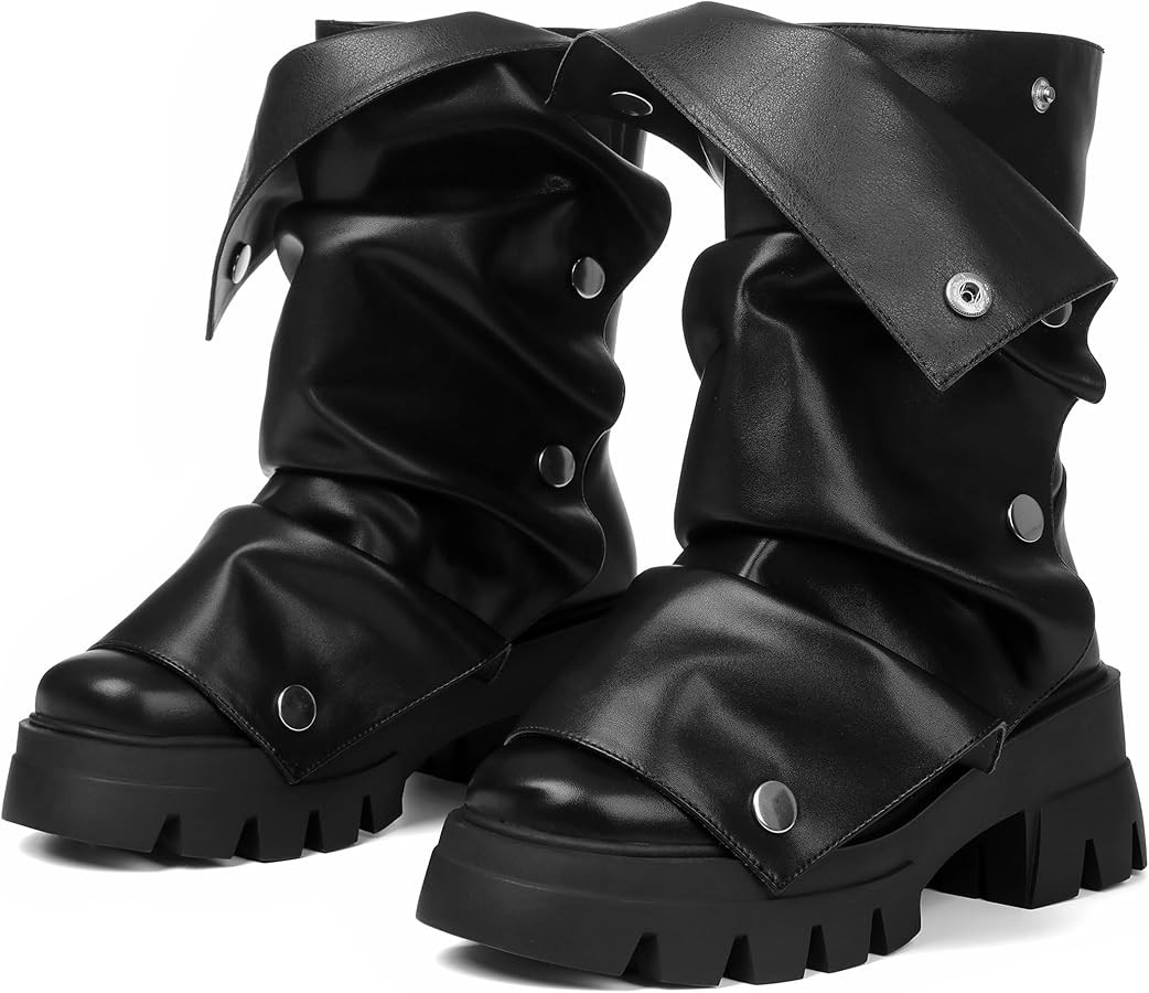 Celbreez Slouchy Boots for Women Fold Over Platform Boots Round Toe Pull On Leather Goth Boot Pun... | Amazon (US)