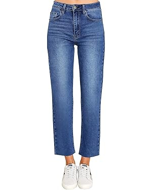 KDF Women's Cropped Straight Leg Jeans - High Waisted Jeans for Women 7/8 Length Denim Pants with... | Amazon (US)