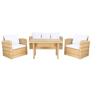 SAFAVIEH Nyra Natural 4-Piece Wicker Outdoor Patio Dining Set with White Cushions PAT7700D-3BX | The Home Depot