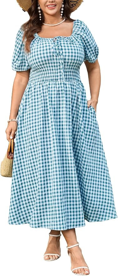 SCOMCHIC Women's Plus Size Maxi Dress Square Neck Plaid Short Sleeve Tie Front Gingham Casual Sum... | Amazon (US)