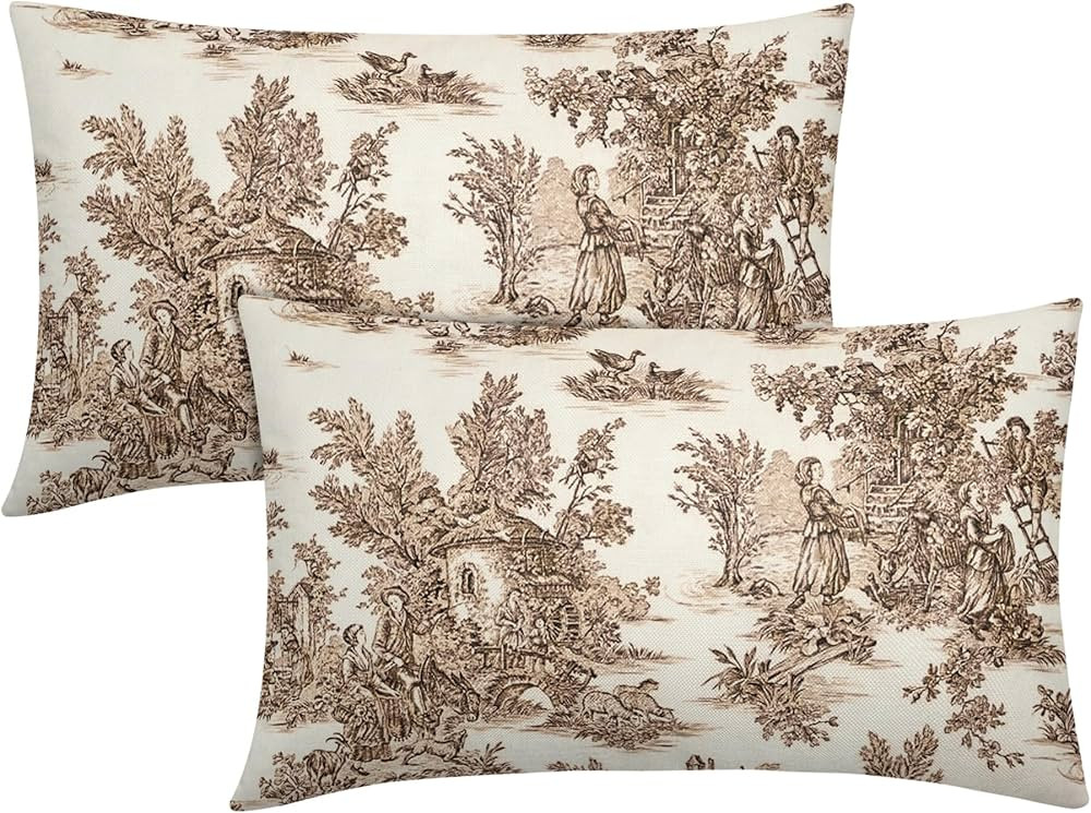 aportt French Country Pillow Covers Set of 2 12x20 Inch Vintage Toile Brown Tan Beige Cotton Line... | Amazon (US)