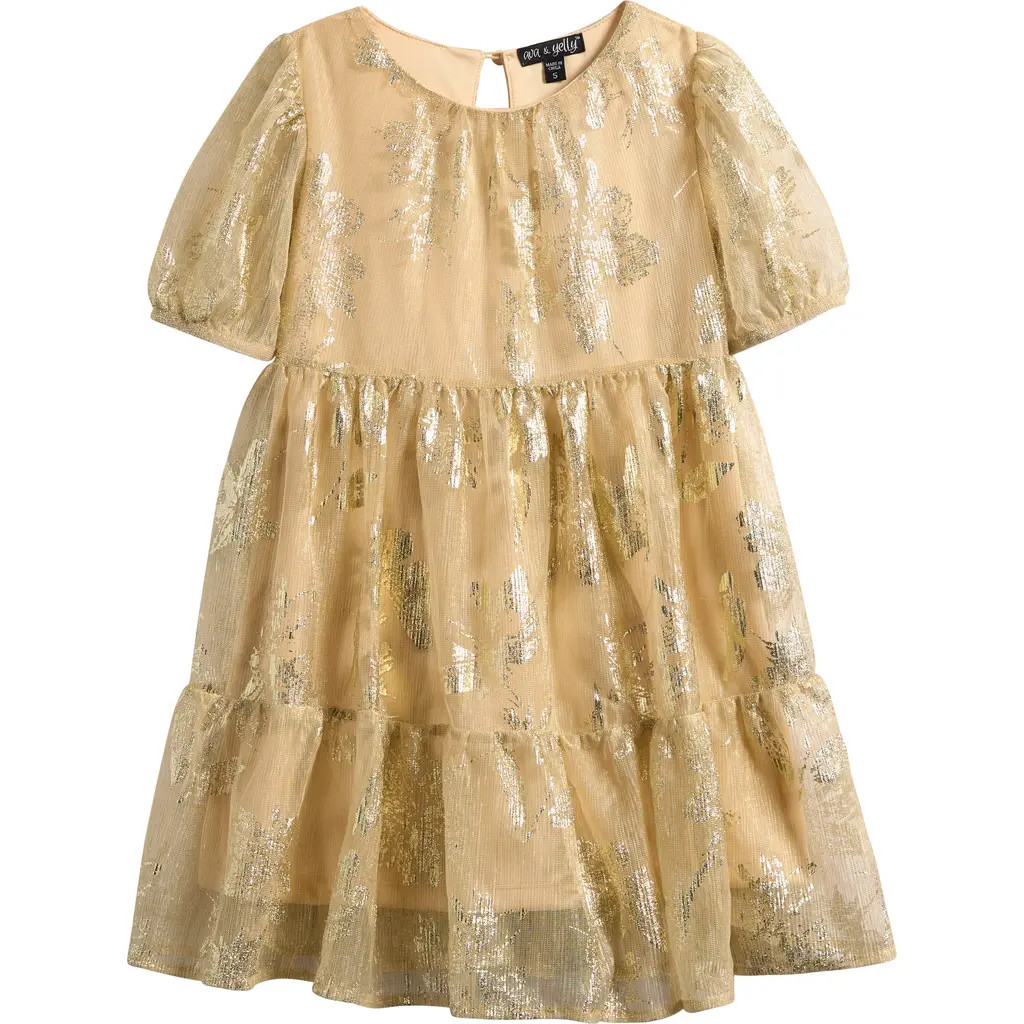 Ava & Yelly Kids' Floral Foil Print Party Dress in Gold at Nordstrom, Size 7 | Nordstrom