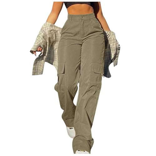 Cargo Pants Women High Waist Wide Leg Casual Pants Baggy Stretchy Work Sweatpant Trousers Y2K Streetwear with Pockets (Khaki, S) | Amazon (US)