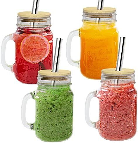 COLOROUND 4 Pack Regular Mouth Mason Jar Cups Mugs with Handle 16 oz with Bamboo Lids & Stainless... | Amazon (US)