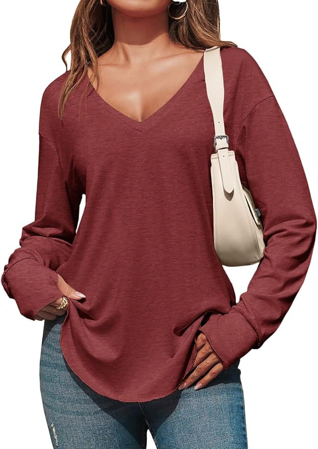 Tankaneo Camisetas Tipo Túnica con Cuello en V Profundo para Mujer de Manga Larga Oversize Casua... | Amazon (US)