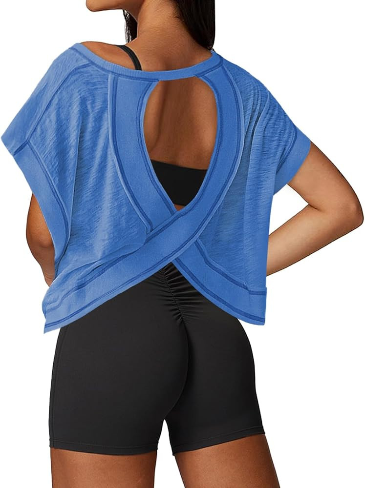 Open Back Workout Tops for Women Loose Fit Athletic Crop Tee Short Sleeve Gym Running Yoga Shirt | Amazon (US)