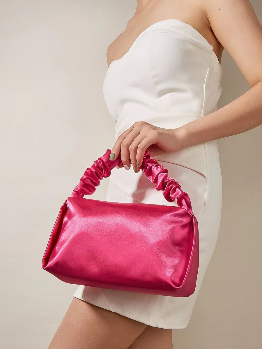Rose Red Satchel Bag With Ruched Top Handle, Minimalist Mini Handbag Wallet For Women, Classic Pu... | SHEIN