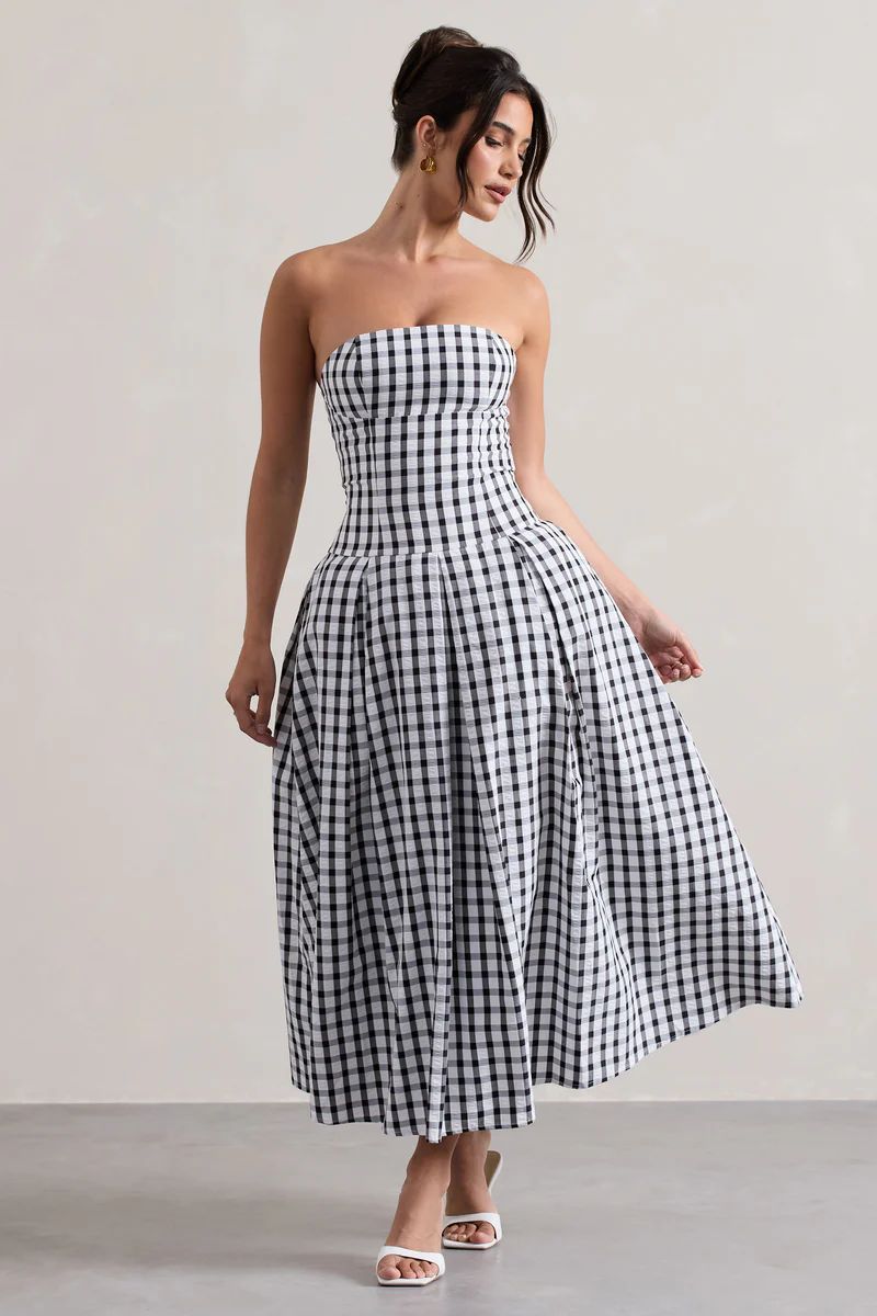 Maisy | Black & White Gingham Strapless Maxi Dress | Club L London