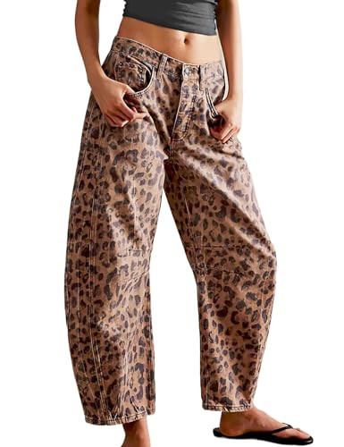Barrel Jeans Women Trendy Baggy Jeans Vintage Pant Casual Wide Leg Horseshoe Demin with Pockets Leopard | Amazon (US)