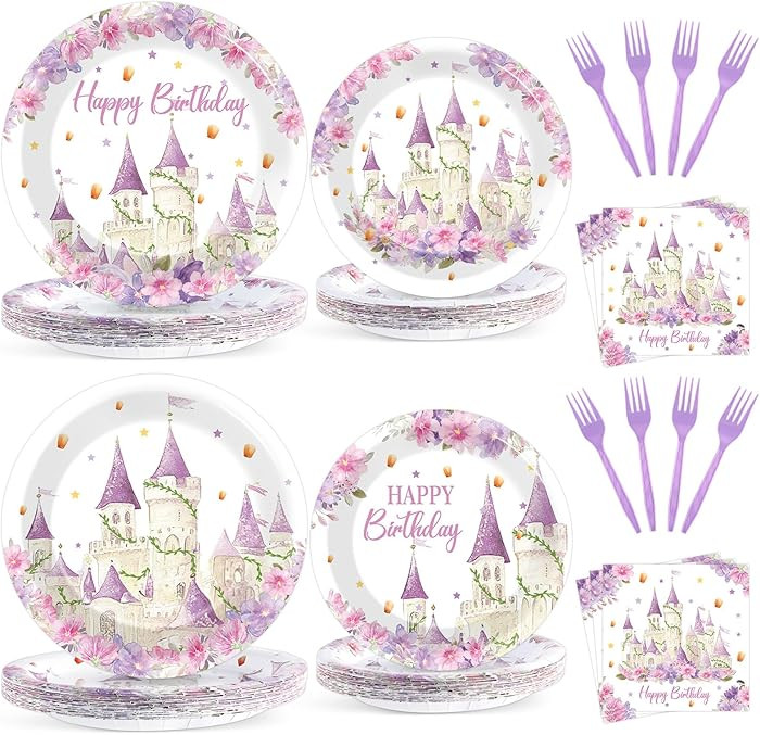 96Pcs Princess Birthday Party Supplies Purple Tower Castle Party Plates and Napkins Disposable Pu... | Amazon (US)