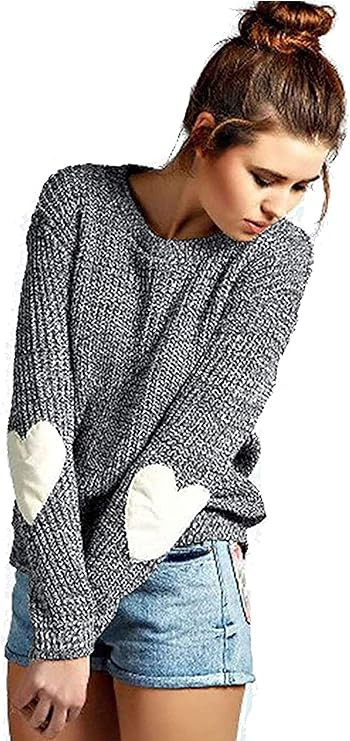 shermie Women's Cute Heart Pattern Elbow Patchwork Casual Crewneck Knitted Sweaters Pullover | Amazon (US)