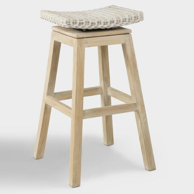Rattan and Teak Leyla Swivel Barstool | World Market