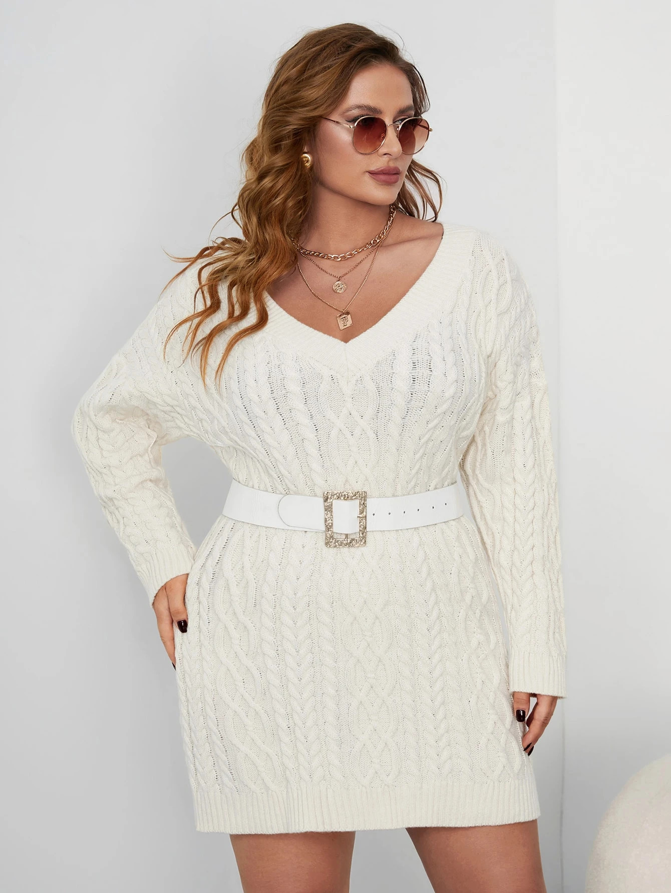 Plus Cable Knit Drop Shoulder Sweater Dress Without Belt | SHEIN