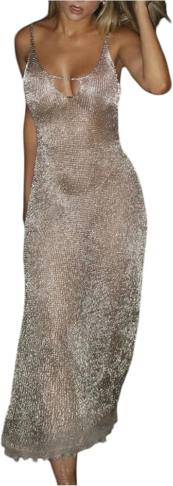 Milumia Women's Glitter Spaghetti Strap Sheer Dress Sexy Cut Out Bodycon Maxi Cami Dresses | Amazon (US)