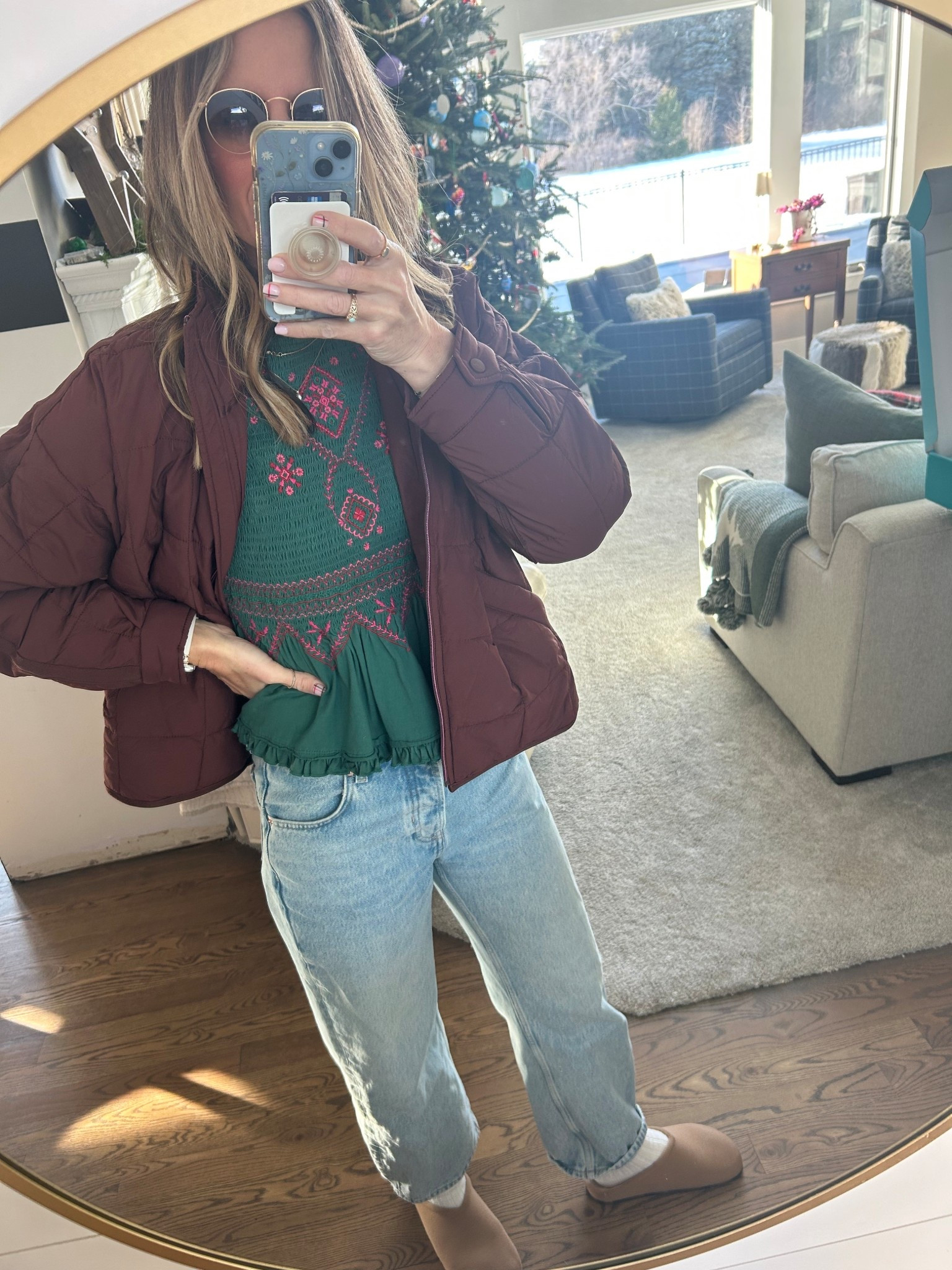 Casual winter outfit with a quilted jacket, embroidered peplum top, straight-leg jeans, and cozy slip-on clogs. Perfect everyday look for running errands or casual outings. Everything linked & true to size. I’m wearing a size small jacket in bitter chocolate, size small blouse and 26L in denim.  #freepeople 

#LTKOver40 #LTKTall #LTKootd