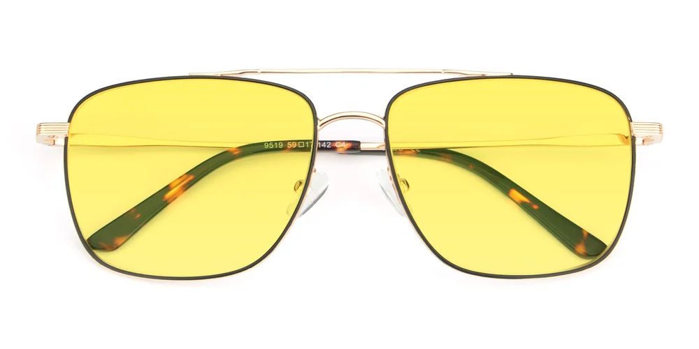 Black-Gold Oversized Double Bridge Square Tinted Sunglasses with Medium Yellow Sunwear Lenses | Yesglasses