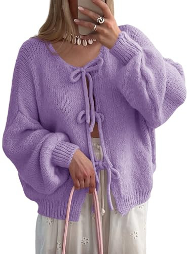 Saodimallsu Womens Tie Front Cardigan Sweaters Cute Bow Puff Long Sleeve 2025 Fall Loose Ribbed Knit Trendy Sweater Tops Purple | Amazon (US)