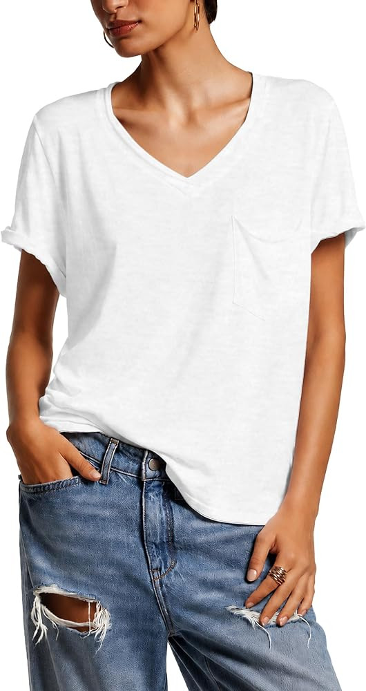 Womens Short Sleeve V Neck T Shirts Cotton Summer Short Sleeve Tops Tees with Pockets | Amazon (US)