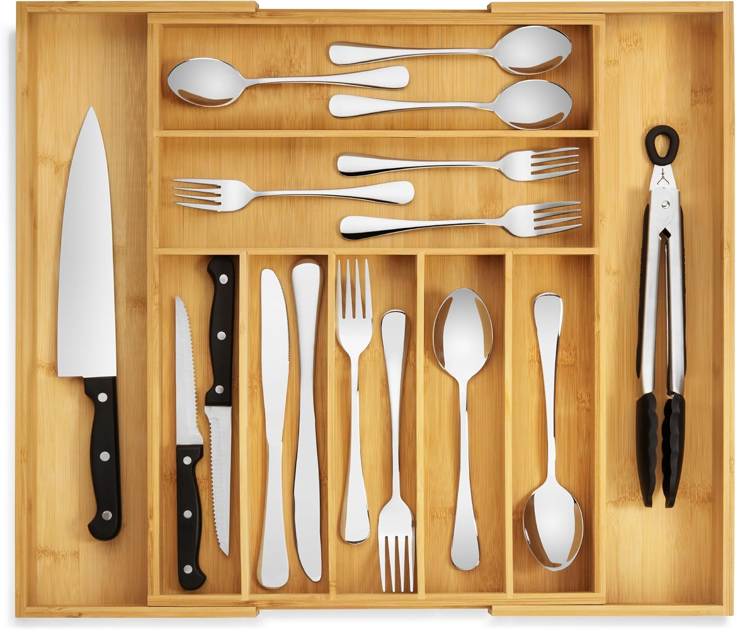 Purawood Bamboo Drawer Organizer - Expandable Silverware Organizer & Utensil Drawer Organizer, Cutlery Tray with Dividers, 7-9 Slots- Kitchen Organizer for Utensils & Flatware (Natural) | Amazon (US)