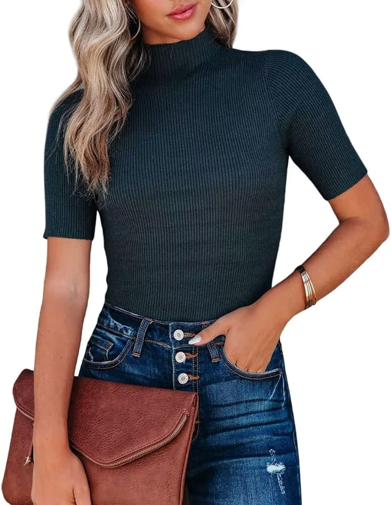 Lacozy Women Casual Basic Mock Neck Top Short Sleeve Shirt Slim Fit Ribbed Knit Pullover Sweater | Amazon (US)
